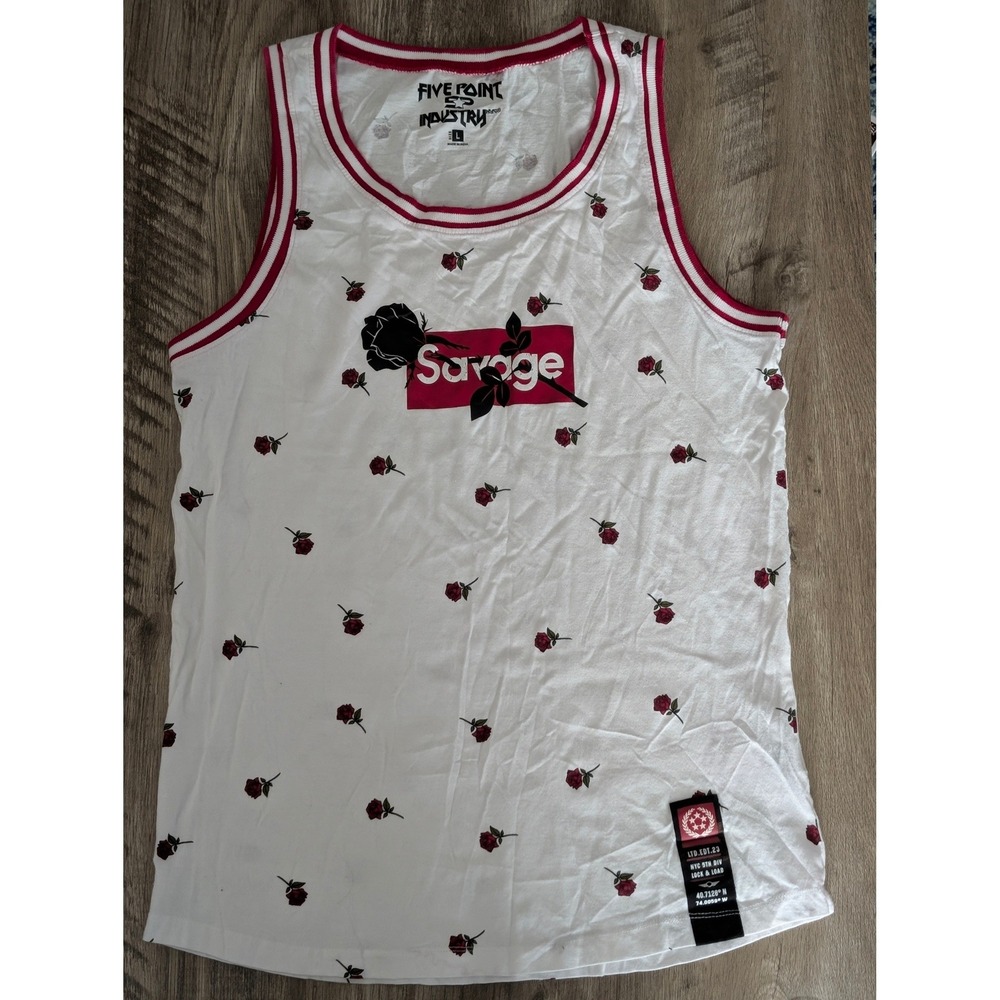 Five Point Industry Mens Savage Rose‎ Tank Top White Red Floral Graphic Shirt L